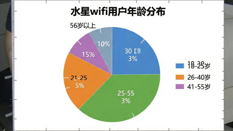 一张展示用户年龄分布的饼状图图片，图表标题为“水星wifi用户年龄分布”，饼图分为四个部分，分别用不同颜色标注：18-25岁占比30%，26-40岁占比35%，41-55岁占比25%，56岁以上占比10%。图表背景为白色，图例清晰，文字标注百分比，风格简洁专业，画质干净无多余元素。
