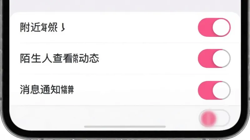 Girl go 隐私设置页面截图,界面显示多个选项开关,如附近的人、陌生人查看动态、消息通知等,开关按钮为粉色和灰色,背景是纯白色,排版清晰,画质干净,无多余元素