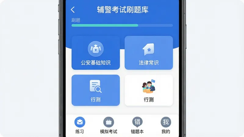 辅警考试刷题库 手机应用主界面 蓝色调 顶部显示辅警考试刷题库和刷题进度条 中间是题库分类卡片 包含公安基础知识 法律常识 行测 底部为练习 模拟考试 错题本 我的 四个选项卡 风格简约现代 图标圆润 干净无多余元素 高清画质