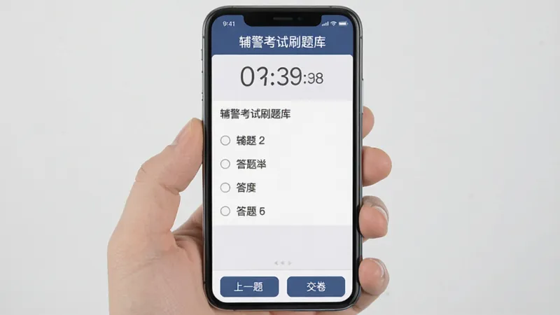 辅警考试刷题库 模拟考试界面 手机屏幕显示倒计时和答题卡 顶部有辅警考试刷题库字样 中间是单选题题干和四个选项 底部是上一题下一题交卷按钮 背景浅灰色 文字清晰 风格扁平化 干净无多余元素 高清画质