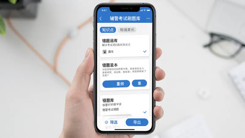 辅警考试刷题库 错题本界面 手机屏幕显示错题列表和知识点标签 顶部有辅警考试刷题库标题 中间是错题卡片和重做按钮 底部是筛选和导出按钮 风格清爽 蓝色点缀 干净无多余元素 高清画质