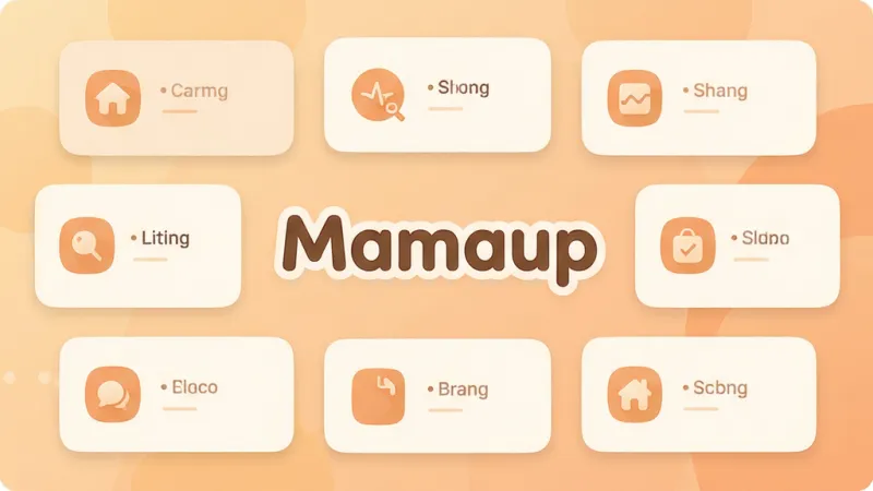 软件主界面全貌展示，中心位置放置「Mamaup」文字标识，周围环绕简洁的卡片式功能入口，整体采用柔和的暖色调，扁平化设计风格，图标圆润清晰，画质干净明亮，无多余装饰元素