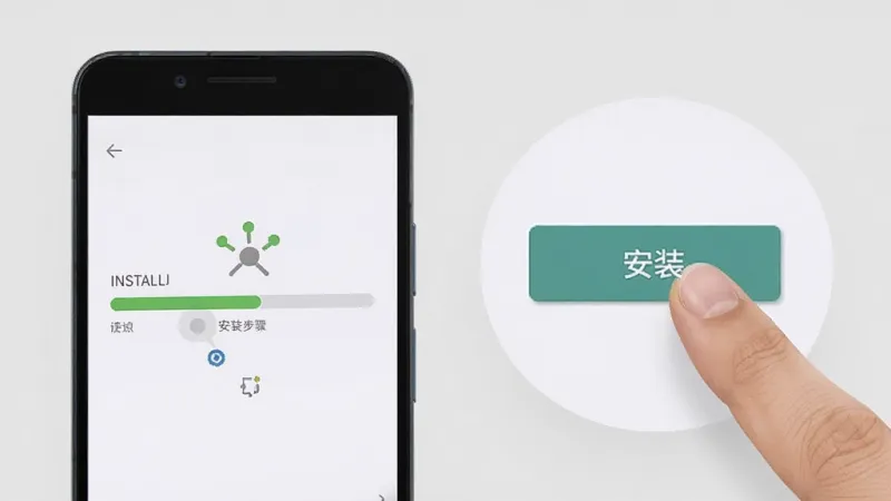 Mamaup安卓手机安装步骤示意图，画面中一部手机屏幕显示安装进度条，旁边有手指点击「安装」按钮的动作特写，背景是简洁的浅灰色，风格写实清晰，画质干净