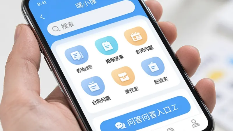 手机屏幕展示“嘿小律”App主界面,布局为顶部搜索框,中间是劳动纠纷、婚姻家事、合同问题等分类图标网格,底部是问答入口,整体风格简洁明亮,浅蓝色调,画面干净无多余元素,高清画质