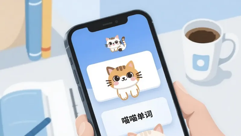 喵喵背单词 手机屏幕显示单词卡片和可爱猫咪图标 背景是书桌和咖啡杯 扁平插画风格 蓝白色调 画面干净 无多余元素