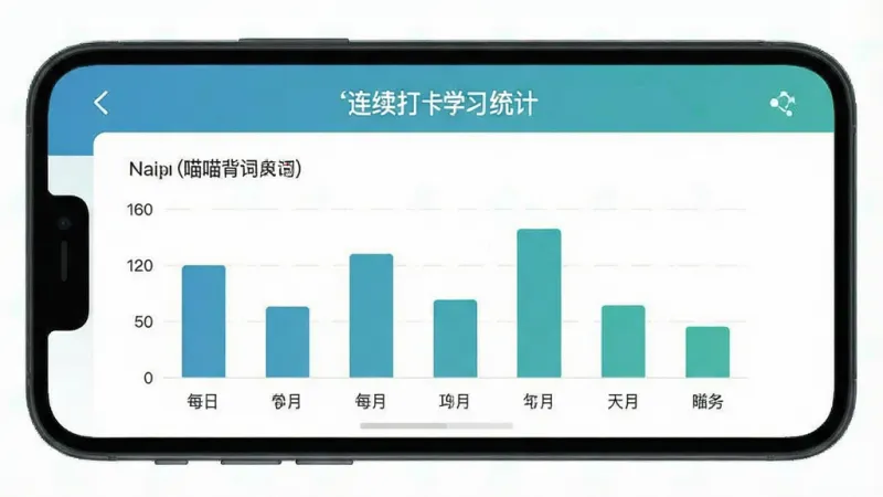 喵喵背单词 手机界面显示学习统计页面 柱状图展示每日单词量 连续打卡天数醒目 扁平化设计 蓝绿色调 画面干净 无多余元素