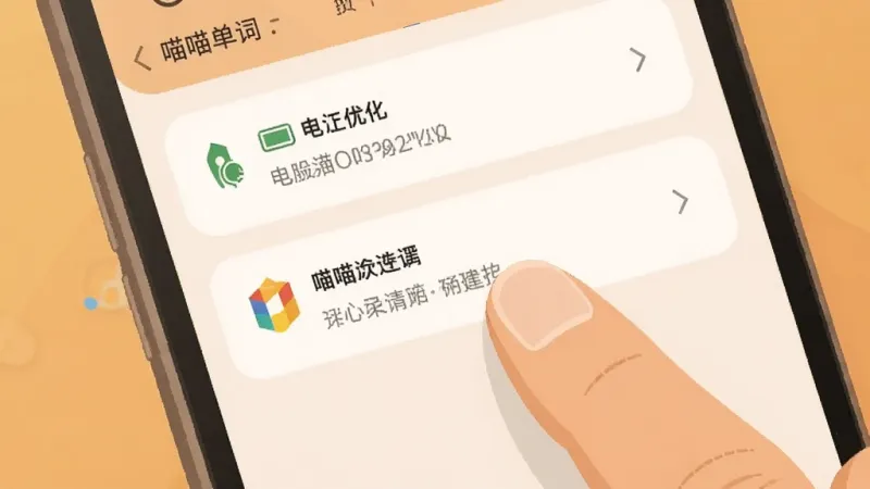喵喵背单词 手机设置界面显示电池优化和通知权限选项 手指点击屏幕 扁平插画风格 暖色调 画面干净 无多余元素