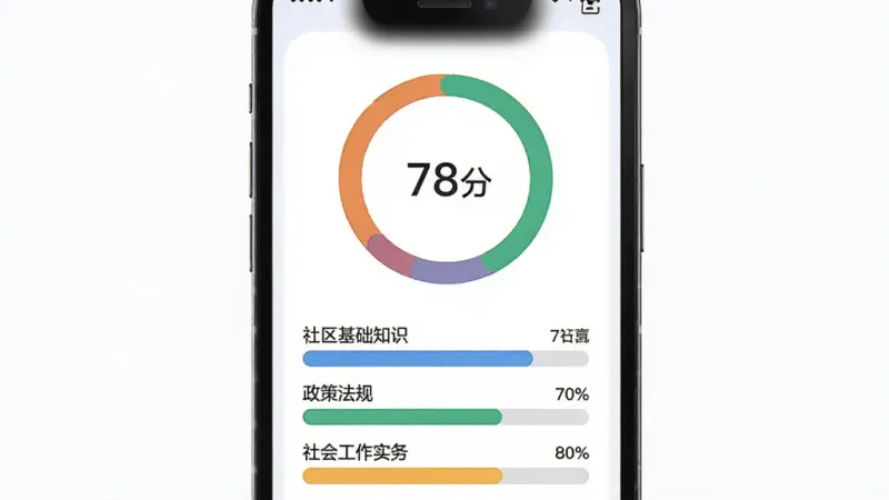 社区工作者刷题库模拟考试结果页面,手机屏幕显示环形分数图,中间写“78分”,下方列出“社区基础知识”“政策法规”“社会工作实务”三个模块的得分条,颜色区分掌握程度,界面风格现代扁平,文字标签清晰,画质干净无多余元素