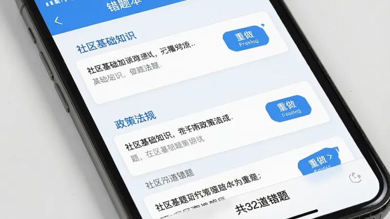 社区工作者刷题库错题本界面,手机屏幕显示错题列表按知识点分组,每组标题如“社区基础知识”“政策法规”,下方有题目摘要和“重做”按钮,页面底部显示“共32道错题”,界面清爽,蓝白配色,画质干净无多余元素