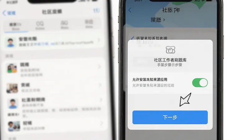 社区工作者刷题库新手安装步骤示意图,手机屏幕显示安装权限开启界面,标注“允许安装未知来源应用”开关已打开,旁边有箭头指向“下一步”按钮,背景是手机设置菜单虚化,界面清晰,画质干净无多余元素