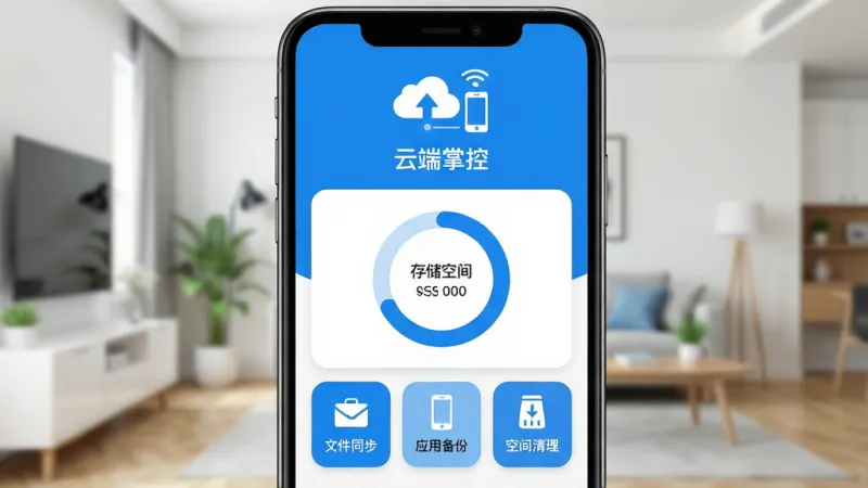 一张手机屏幕特写,屏幕中央显示“云端掌控”App的简洁主界面,界面以蓝白配色为主,顶部有云朵和手机连接的图标,中间显示存储空间环形图,下方排列着文件同步、应用备份、空间清理三个大按钮,背景是虚化的现代家居环境,风格清新扁平,细节清晰,画质干净明亮,无多余元素