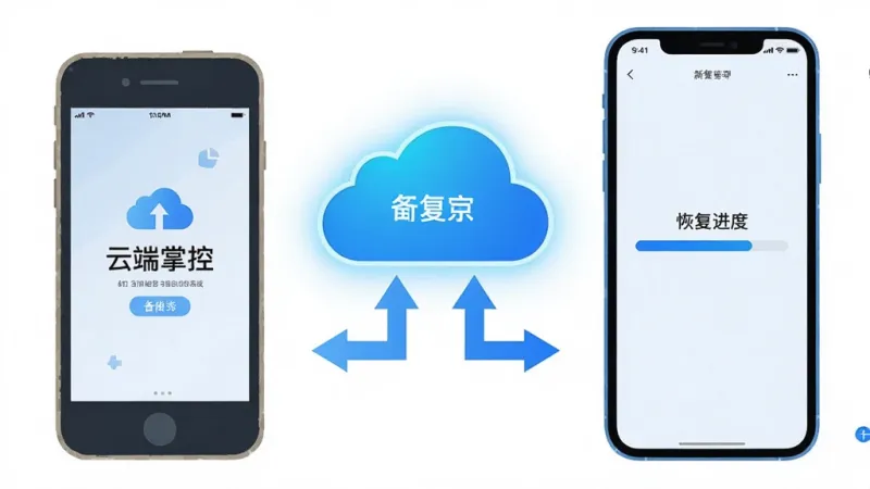 一张扁平化插画,画面左侧是一部旧手机,右侧是一部新手机,中间由一朵发光的蓝色云朵连接,云朵下方有箭头表示数据传输方向,旧手机屏幕上显示“云端掌控”的备份完成界面,新手机屏幕上显示恢复进度条,整体色调为科技蓝和白色,风格简洁现代,画质清晰,无多余装饰