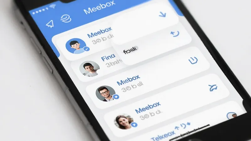 Meebox 社交聊天软件主界面展示,主体是一个手机屏幕,屏幕中央显示聊天列表和好友头像,布局简洁清晰,排版采用卡片式设计,风格现代扁平化,细节上采用圆润的图标和柔和的蓝白配色,画质干净,无多余元素,画面中包含文字