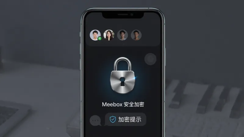 Meebox 隐私安全功能展示图,主体是一部手机,屏幕显示一个带有锁形图标的聊天界面,布局为上下结构,上方是联系人头像,下方是加密提示,排版居中,风格科技感与安全感并存,细节上锁图标带有金属光泽,背景是深色护眼模式,画质清晰,无多余元素,画面中包含文字