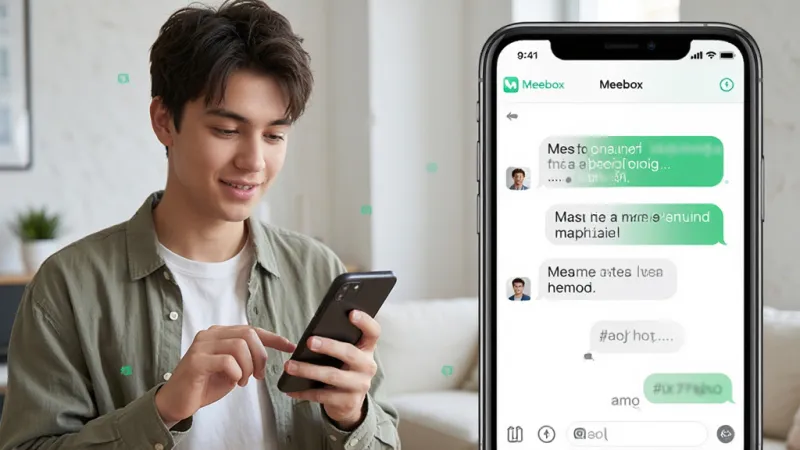 Meebox 手机聊天应用操作界面示意图,主体是一名年轻人手持手机正在输入消息,布局为人物半身像与手机特写结合,排版左侧人物右侧手机屏幕放大显示,风格生活化真实感,细节上手机屏幕显示Meebox聊天对话框,画质明亮干净,无多余元素,画面中包含文字