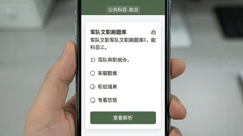 军队文职刷题库题库界面展示，手机屏幕中显示一道军队文职公共科目选择题，题干清晰，下方四个选项排列整齐，选项下方有