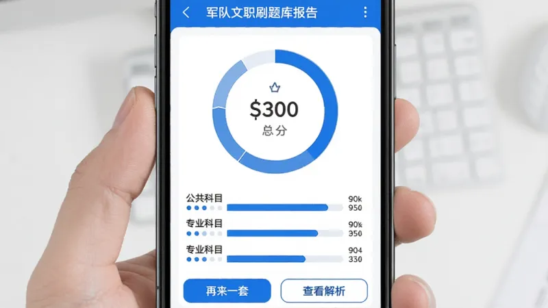军队文职刷题库模拟考试成绩报告页面，手机屏幕显示环形得分图表，中间标注总分，下方列出公共科目、专业科目各模块得分率条形图，底部有