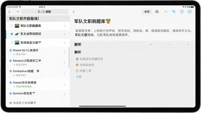 军队文职刷题库在平板设备上的分栏显示效果，左侧为题目列表，右侧为当前题目和解析内容，大屏幕布局充分利用空间，背景为浅灰色，文字清晰易读，界面设计简洁现代，画质干净无多余元素