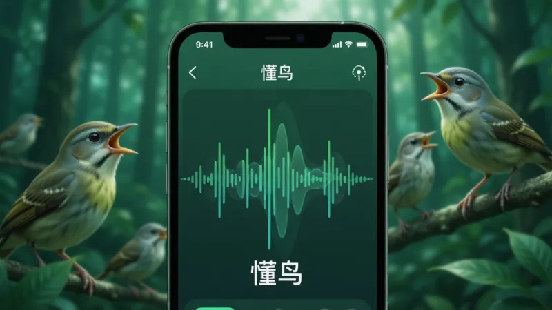 画面主体是懂鸟App的鸟鸣识别界面，声波图在屏幕中央跳动，背景是茂密的树林和几只正在鸣叫的小鸟。布局上屏幕占据主体，树林作为背景虚化处理。风格为科技感UI展示图，色调偏冷绿。细节上声波图要有动态感，小鸟的嘴部张开呈现鸣叫姿态。画质为高清渲染，干净，无多余元素，图片中需包含文字“懂鸟”。