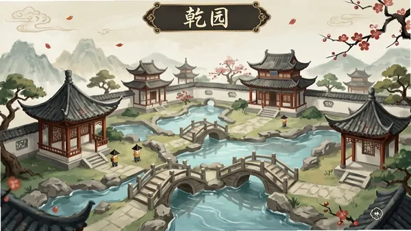 乾园游戏主界面截图,展示中式古典园林全景布局,亭台楼阁错落有致,小桥流水穿插其间,画面色调清雅,国风韵味浓厚,软件名称乾园位于画面顶部