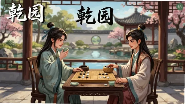 乾园游戏内好友互访界面,两位古风角色在园林中品茶对弈,背景为精致的中式庭院,画面温馨,软件名称乾园以毛笔字体呈现