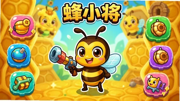 蜂小将游戏主界面展示,卡通风格蜂巢背景,中央有可爱的蜜蜂角色手持武器,四周环绕着不同颜色的道具图标,画面明亮活泼,顶部显示游戏名称“蜂小将”字样
