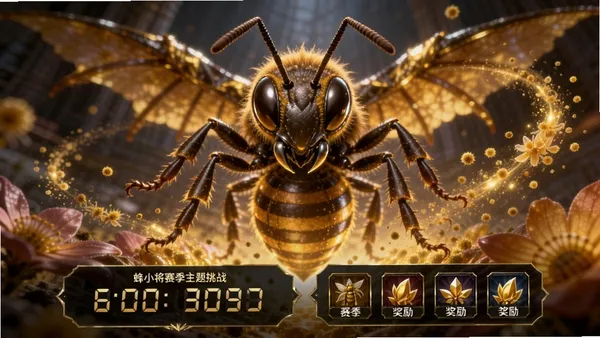 蜂小将赛季主题挑战宣传图,画面中央是巨大的蜂后BOSS,周围环绕着发光的花粉粒子,下方有赛季倒计时和奖励预览图标,风格华丽具有史诗感