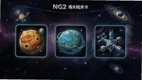 NG2系统游戏关卡选择界面,显示多个不同风格的星球和空间站图标,背景是浩瀚的宇宙星图,界面设计简洁明了