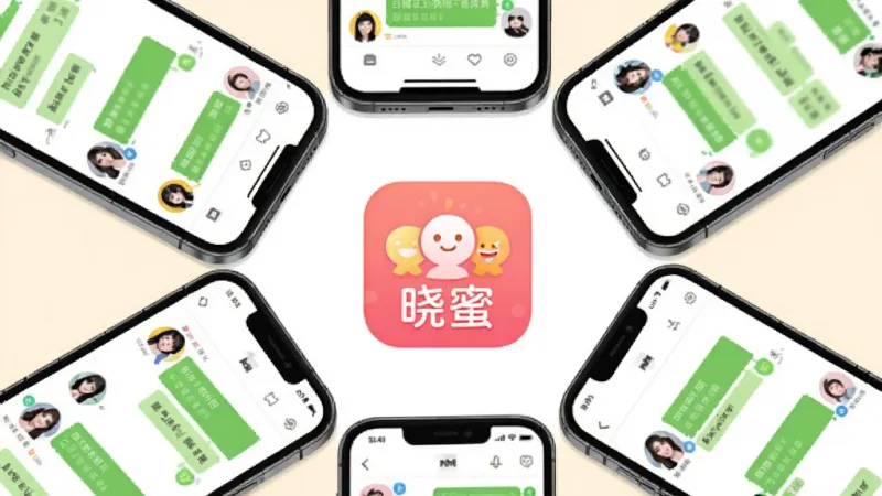 一张展示晓蜜群组聊天功能的图片,画面中有多个手机围成一圈,每个手机屏幕显示不同的聊天头像,中间有“晓蜜”的群组图标,风格活泼明快,画质干净,无多余元素。
