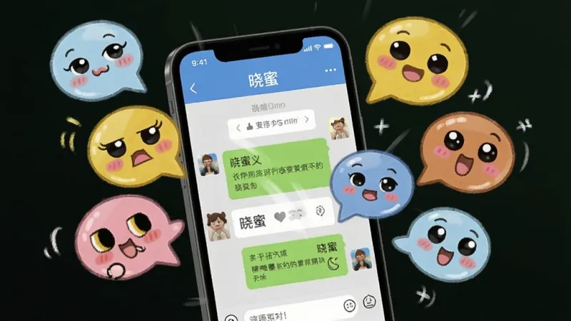 一张展示晓蜜表情包功能的图片,画面中有各种可爱的卡通表情气泡从手机屏幕里飞出来,手机屏幕上显示“晓蜜”聊天界面,风格活泼可爱,色彩丰富,画质清晰,无多余元素。