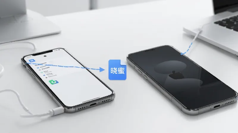 一张展示晓蜜文件传输功能的图片,画面中一部手机正在向另一部手机发送文件图标,文件图标上写着“晓蜜”,背景是简洁的办公桌面,风格商务简约,画质干净,无多余元素。