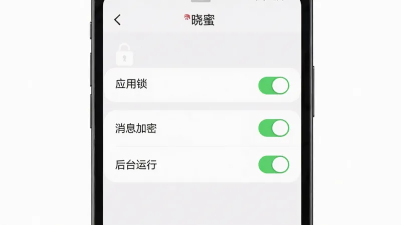 一张展示晓蜜设置界面的图片,画面中手机屏幕显示晓蜜的应用设置选项,包括“应用锁”“消息加密”“后台运行”等开关按钮,界面风格简洁清晰,背景为纯色,画质干净,无多余元素。