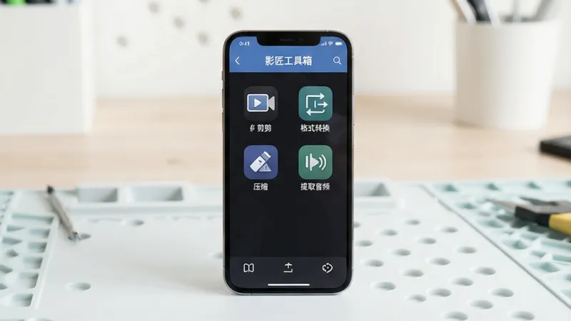 一张展示影匠工具箱手机App主界面的完整全貌图,画面中央是一部现代智能手机,屏幕上清晰显示着影匠工具箱的界面布局,顶部有“影匠工具箱”文字标识,界面内排列着视频剪辑、格式转换、压缩、提取音频等功能图标,背景是简洁的浅色工作台环境,光线明亮柔和,风格现代扁平化,细节干净利落,画质清晰无多余元素
