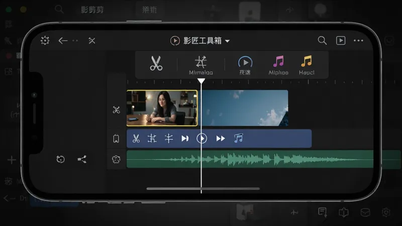 一张展示影匠工具箱视频剪辑功能的界面截图,画面中手机横屏显示,屏幕上是视频时间轴和剪辑工具栏,时间轴上有一段视频片段和音频轨道,工具栏中有剪切、拼接、变速、添加音乐等图标,背景是深色专业剪辑界面风格,光线聚焦于屏幕,细节清晰,画质干净无多余元素