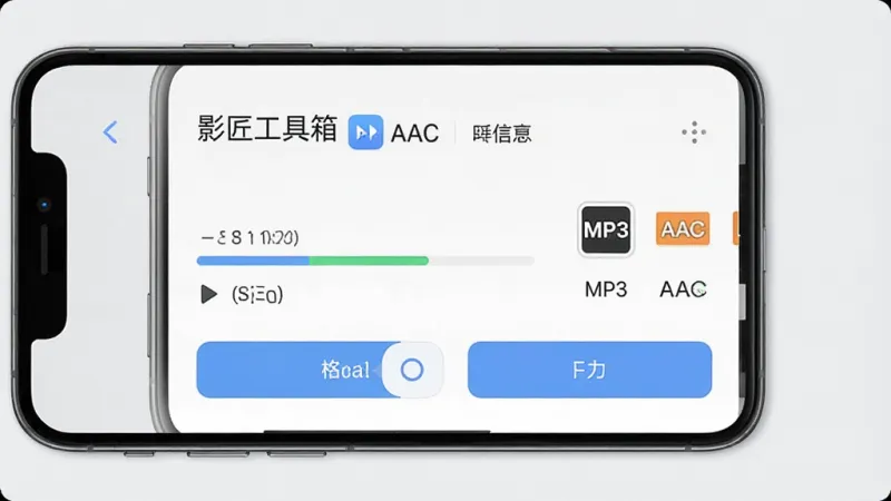 一张展示影匠工具箱音频提取与格式转换功能的界面图,画面中手机屏幕显示着“影匠工具箱”标题,界面内有一个从视频中提取音频的进度条和格式选择按钮,旁边有MP3、AAC等图标,背景是干净的浅灰色,风格简洁实用,画质清晰,无多余装饰元素