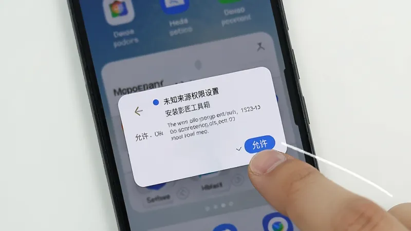 一张展示手机安装影匠工具箱时提示未知来源权限设置的界面图,画面中手机屏幕显示着安全设置弹窗,旁边有手指点击“允许”按钮的动作示意,背景是简洁的浅色手机桌面,风格写实清晰,画质干净无多余元素