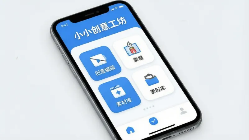 一张展示“小小创意工坊”应用主界面的图片,画面主体是手机屏幕,屏幕内显示应用首页,布局上方有“小小创意工坊”文字标题,中间区域是功能卡片式排版,包含创意编辑、素材库等入口图标,底部为导航栏,整体风格简洁清新,以蓝白配色为主,细节圆润,画质干净清晰,无多余元素