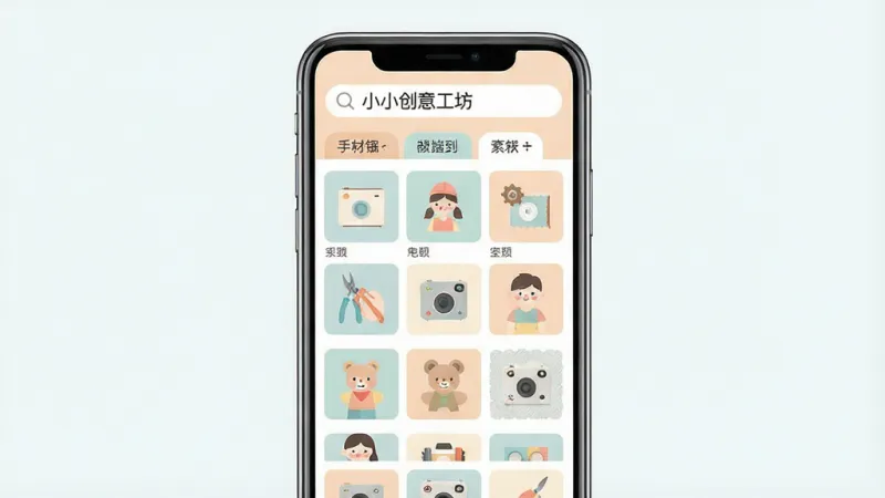 一张展示“小小创意工坊”素材库界面的图片,画面主体是手机屏幕,屏幕内呈现网格状素材缩略图,分类标签清晰可见,顶部有搜索框,文字标注“小小创意工坊”,风格清爽扁平,配色柔和,细节干净,画质清晰,无多余元素