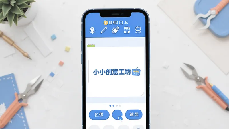 一张展示“小小创意工坊”编辑界面的图片,画面主体是手机屏幕,屏幕内显示编辑区域,上方有工具栏图标,下方有操作按钮,整体布局清晰,文字标注“小小创意工坊”,风格现代扁平,配色以蓝白为主,细节圆润,画质干净,无多余元素
