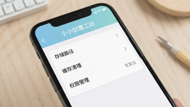 一张展示“小小创意工坊”设置界面的图片,画面主体是手机屏幕,屏幕内显示设置选项列表,包含存储路径、缓存清理、权限管理等条目,文字标注“小小创意工坊”,风格简洁明了,配色清淡,细节干净,画质清晰,无多余元素
