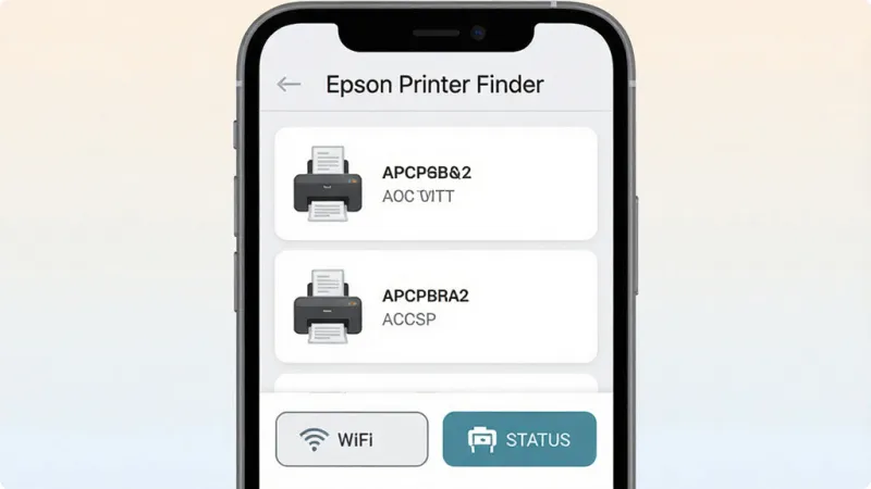 一张展示Epson Printer Finder软件核心界面的图片，主体是手机屏幕显示软件主界面，布局为顶部软件名称“Epson Printer Finder”，中间是正在搜索到的爱普生打印机图标和型号列表，底部是WiFi设置和打印机状态按钮，排版简洁明了，风格是扁平化科技风，细节上手机边框圆润，图标清晰，画质干净无多余元素，背景为浅色渐变。