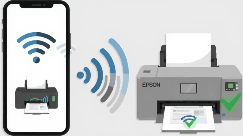 一张展示Epson Printer Finder多网络环境适配功能的图片，主体是手机屏幕显示WiFi信号图标和打印机连接示意图，布局为左侧手机、右侧打印机，中间有信号波纹连接，排版清晰展示连接过程，风格是扁平化插画风，细节上信号波纹有强弱变化，打印机带有绿色对勾，画质干净无多余元素，背景为浅灰色。