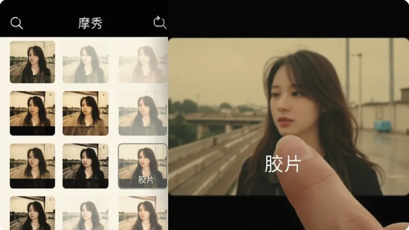 一张手机界面截图风格图片,画面中“摩秀”App的滤镜选择面板展开,左侧是一列缩略图滤镜效果,右侧是放大的预览图,手指正点在“胶片”滤镜上,整体色调温暖复古,界面布局清晰,画质干净,无多余元素