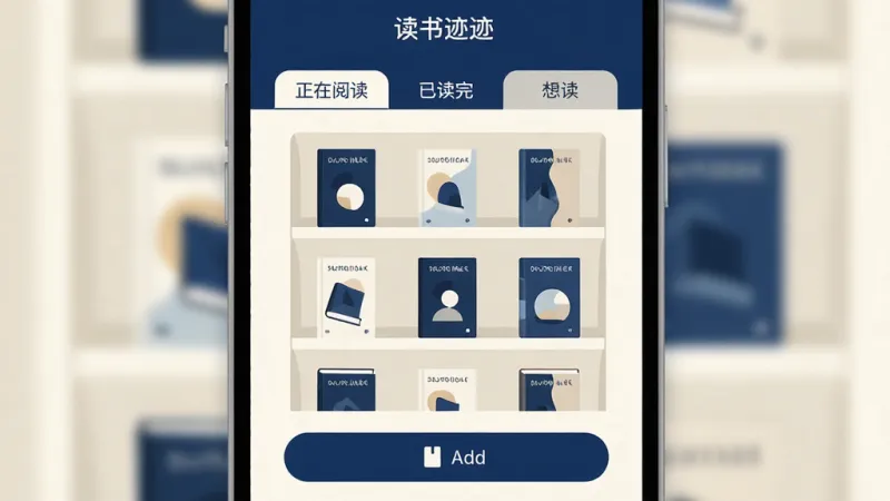 读书迹应用主界面展示，一个简洁清爽的书架管理工具，手机屏幕中央显示分类整齐的虚拟书架，包含正在阅读、已读完、想读三个标签页，界面以米白色和深蓝色为主色调，书架上的书籍封面简约抽象，底部有添加书籍按钮，整体风格现代扁平化，画质干净清晰，无多余元素