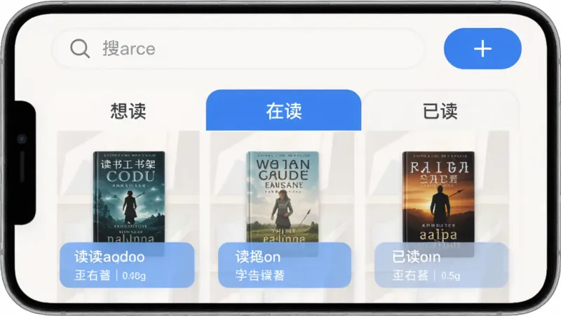 读书迹书架管理功能界面，手机屏幕展示一个虚拟书架，分为想读、在读、已读三个横向标签，每本书有封面缩略图、书名和作者信息，界面顶部有搜索框和添加按钮，整体布局清晰，以浅色背景和蓝色高亮为主，风格简洁现代，画质干净无多余元素