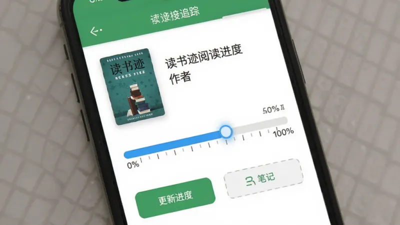 读书迹阅读进度追踪界面，手机屏幕显示一本书的详情页，包含书籍封面、书名、作者、阅读进度条从0%到100%的刻度标记，下方有更新进度按钮和笔记入口，界面以白色和绿色为主色调，进度条为醒目的蓝色，风格简洁直观，画质干净无多余元素