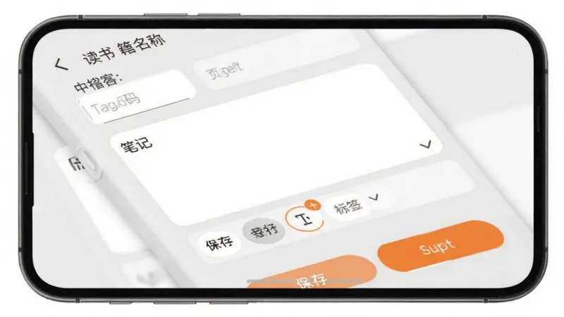 读书迹读书笔记功能界面，手机屏幕展示笔记编辑页面，包含书籍名称、页码输入框、笔记内容文本框和标签选择区域，下方有保存和导出按钮，界面以浅灰色和橙色点缀为主，笔记卡片式设计，风格清爽易读，画质干净无多余元素