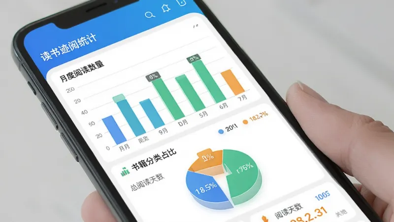 读书迹阅读数据统计界面，手机屏幕显示统计图表页面，包含月度阅读数量柱状图、书籍分类占比饼图、总阅读天数等数据卡片，配色以蓝色、绿色、橙色为主，图表清晰美观，整体布局规整，风格现代简洁，画质干净无多余元素