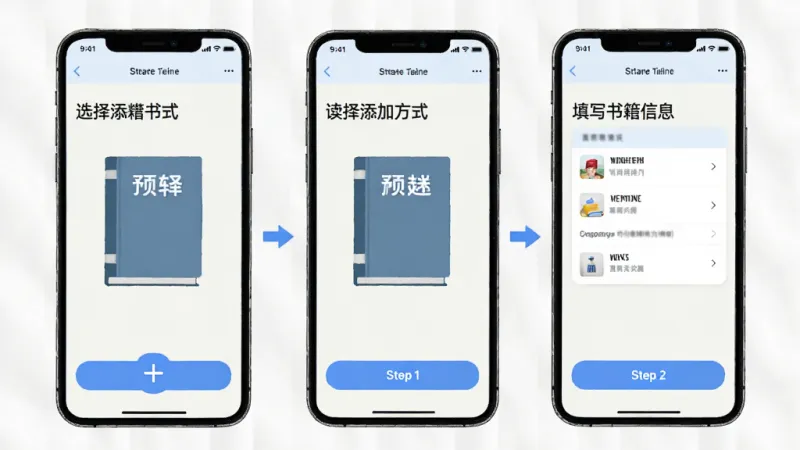 读书迹新手操作指引示意图，手机屏幕展示添加书籍的步骤流程，包含点击加号按钮、选择添加方式、填写书籍信息三个画面，界面以浅色背景和蓝色按钮为主，步骤清晰明了，风格简洁直观，画质干净无多余元素