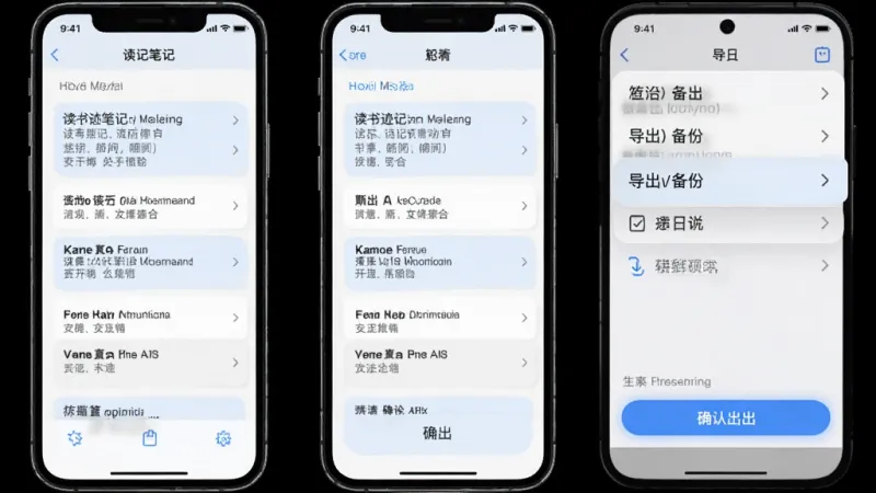 读书迹笔记导出操作界面，手机屏幕展示笔记列表页面，右上角菜单展开显示导出备份选项，下方有确认导出按钮，界面以浅色背景和蓝色高亮为主，操作路径清晰，风格简洁明了，画质干净无多余元素